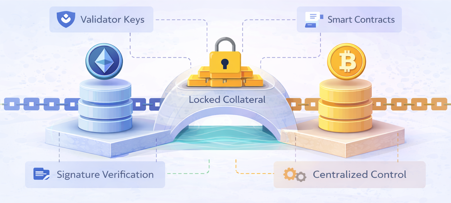 Diagram showing locked collateral in a crypto bridge and potential attack surfaces.