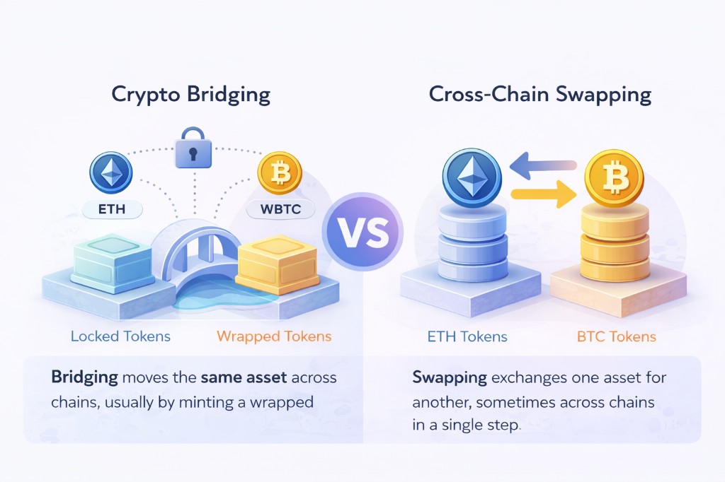 Diagram comparing crypto bridging and cross-chain swapping models.