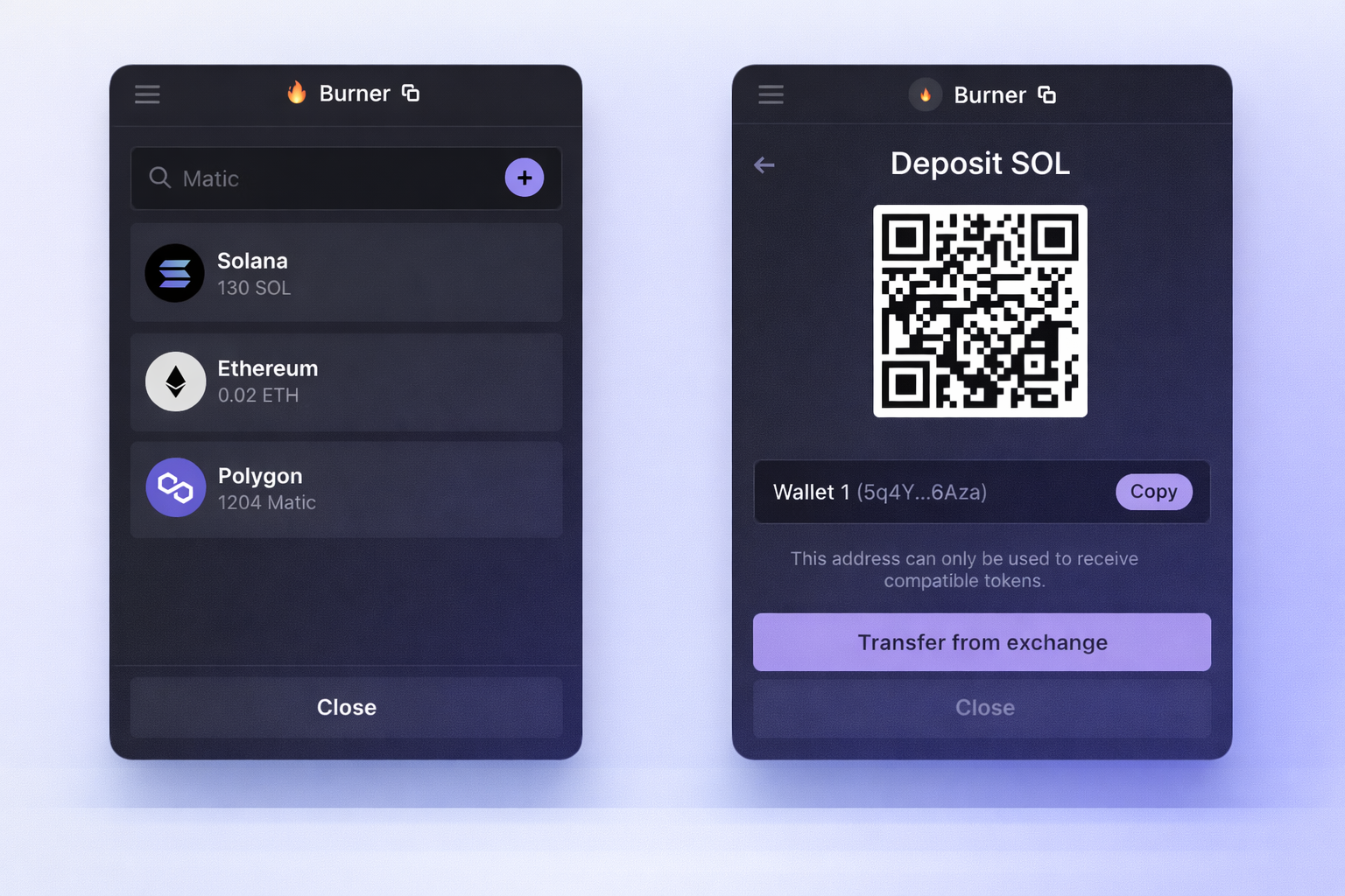 Wallet asset list and deposit SOL screen with QR code and address