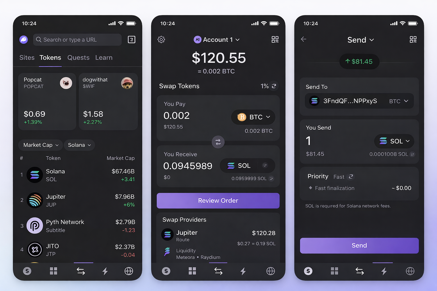 Phantom wallet interface: token list and market data, swap screen, and send screen