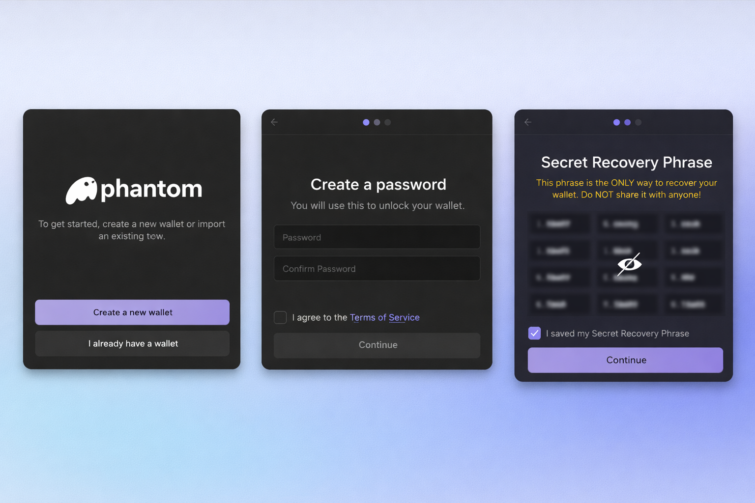 Phantom wallet setup: create new or import wallet, set a password, and save your Secret Recovery Phrase