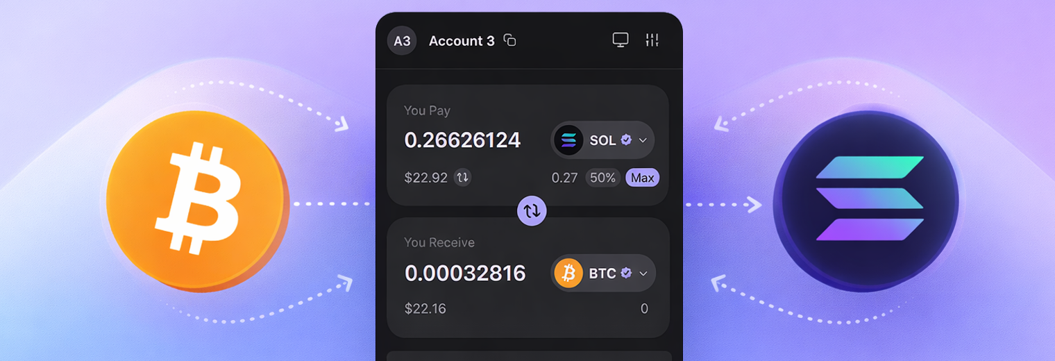 Phantom wallet: swapping BTC or ETH to SOL — select asset, choose destination, review quote and confirm.