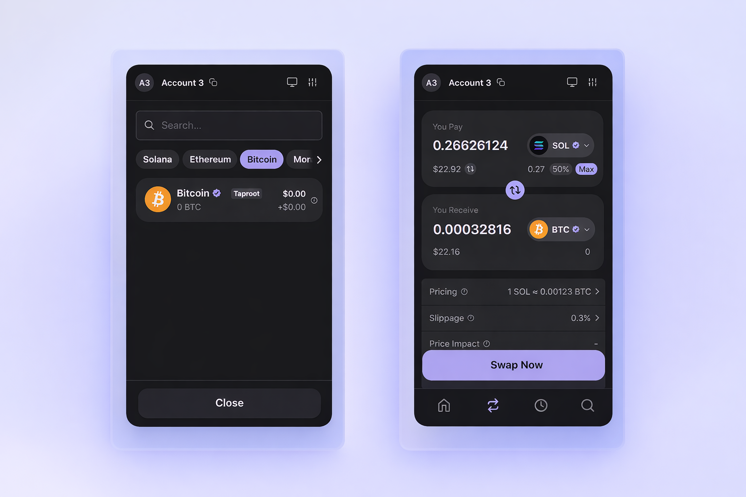 Phantom swap flow: select BTC or ETH, choose SOL as destination, review quote and confirm